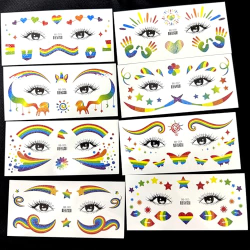 Pride Day Face Stickers - Colorful Rainbow Glitter Tattoo Stickers for Kids & Adults - Waterproof & Temporary Body Decals for Pride Parade, LGBTQ+ Events, and Festivals