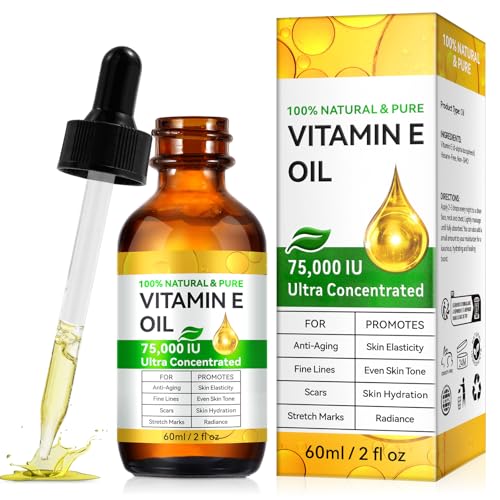 Vitamin E Oil for Skin 75,000 IU, 2Fl Oz Pure Vitamin e Oil for Scars, Hair, Face and Scalp, Moisturizing Dry Skin, Reduces Winkles and Fine Lines, Perfect Bath and Body Oils