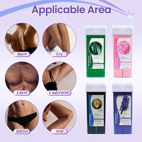 Roll On Wax Hair Removal, Wax Roller Refill, Sticky, Roll on Wax Roller Cartridge for Larger Areas of the Body for Professional or Home uses 4 Pack 100g/3.527oz with 10 oil wipes