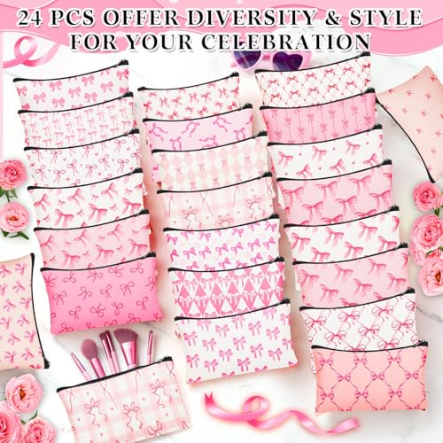 24 Pieces Funny Cosmetic Bags Bulk Make up Bags Zipper Canvas Purse Organizer Pouch Portable Travel Toiletry Pouch for Women Inspirational Gifts, 7 x 4 Inch(Bow)