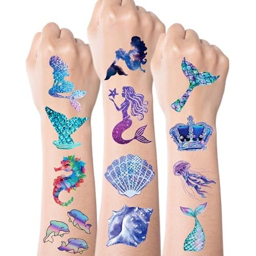 SUNAI Mermaid Party Favors - 100 Style Pre-Cut Mermaid Temporary Tattoos(2x2 Inch) Perfect for Under The Sea Themed Birthday Party Decorations, Supplies, Goodie Bag Fillers