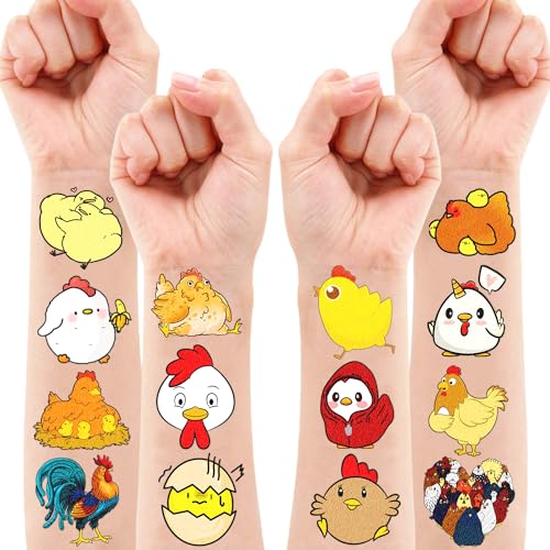 96 PCS Chicken Pre?Cut Temporary Tattoos Birthday Party Decorations Favors Supplies Yellow Chicken Farm Animals Decor Stickers For Girls Boys Gift School Prizes Rewards