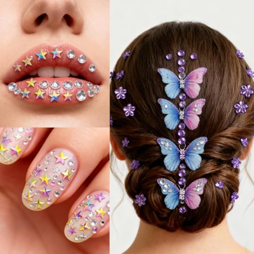 Face Gem Stickers,12 Sheets Self-Adhesive Face Rhinestones for Makeup,Acrylic Bling Decorative Diamond Stickers,3D Butterfly Seashell Stick on Gems,Face Jewels for Women,Gem Sticker Crafts for Kids