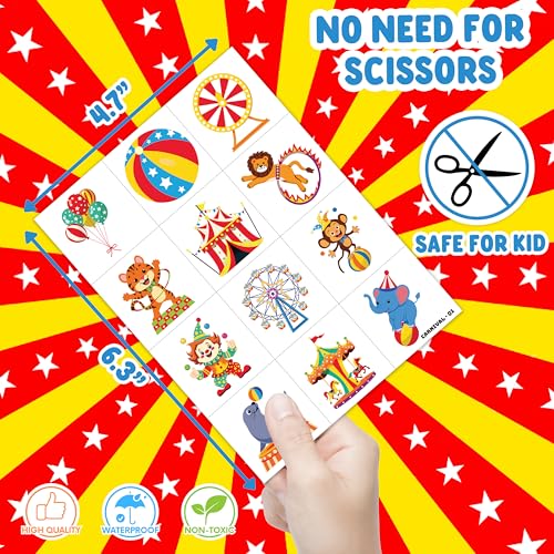 96PCS Carnival Circus Clown Pre-Cut Temporary Tattoos for Kids | Super Cute Themed Birthday Party Favors, Supplies, Decorations, Animal Fake Tattoo Stickers (Multiple)