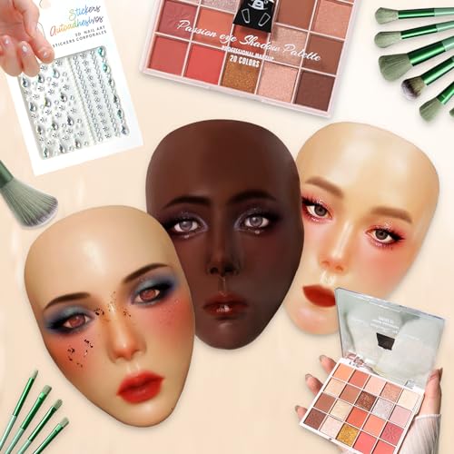 Silicone Makeup Practice Face Board Kit, Mannequin Face for Makeup Practice with Brushes Set & Eye Shadow & Rhinestones Sticker-Black