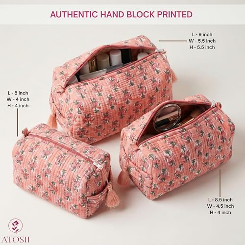 ATOSII Set of 3 100% Cotton Handblock Print Quilted Toiletry Cosmetic Makeup Travel Bag for Women, Waterproof Inner Lining, Jewelry Essentials Storage Case, Toiletries Pouch Purse, Peach Aura