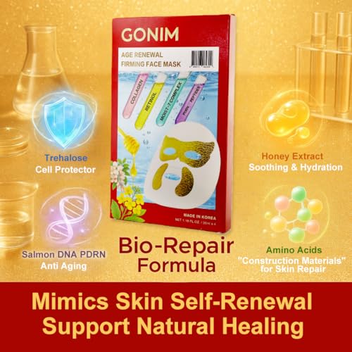 GONIM Korean Face Mask with Integrated Eye Patches with Salmon DNA PDRN, Collagen Peptides, Caffeine & Retinol, Hyaluronic Acid Serum Sheet Mask & Eye Mask Korean Skin Care Anti Aging 35ml/1.18oz x 8