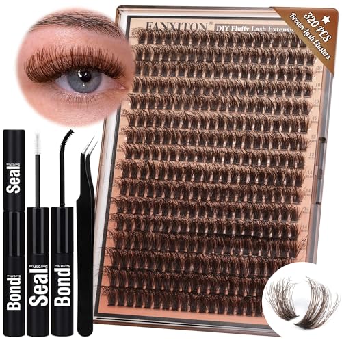 Brown Lash Clusters 320 Pcs Lash Extension Kit DIY Eyelash Extensions Kit Natural Look Cluster Lashes D 8-16 MM Mixed Lash Bond and Seal Lash Tweezers for Lash Clusters Kit DIY at Home
