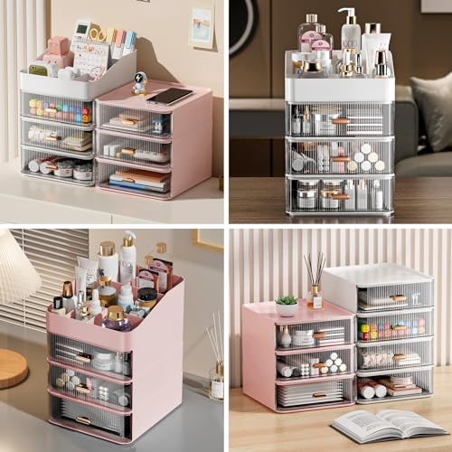 DASITON 6 Slots Makeup Brush Holder,Makeup Organizer,Makeup Brush Holder with 2 Drawers,Divided Makeup and Makeup Storage Holder,for Cosmetics(Pink-F1)