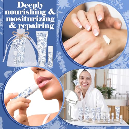 Loopeer 60 Sets Blue Floral Bridal Shower Hand Cream and Lip Balm Gift Bulk Blue Flower Wedding Favors Travel Size Hand Lotion and Lip Balm Wedding Bridal Baby Shower Party Supplies for Guests