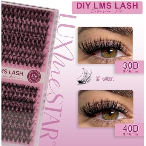 LuxMeStar DIY Lash Extension Kit 320pcs Individual Lashes Cluster D Curl Eyelash Extension Kit with Lash Bond and Seal and Lash Applicator Tools (KIT, 30D+40D, 9-16mm)