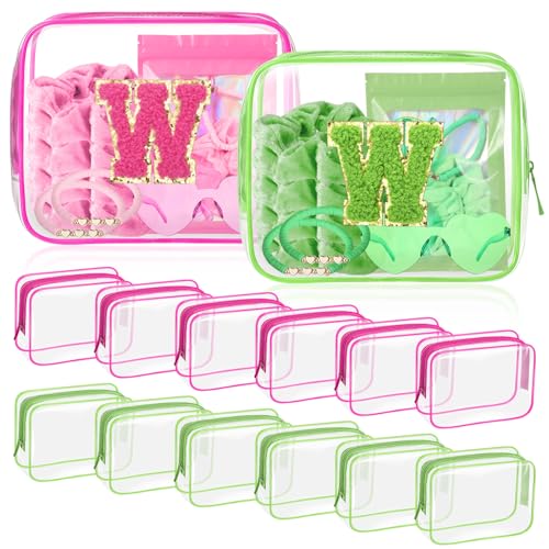 Eccliy 12 Pcs Pink Green Gift Bags Makeup Bag with Chenille Letter Patches Portable Travel Cosmetic Pouch with Zipper PVC Toiletry Bag for Witch Party Baby Shower, Birthday, Party Favor