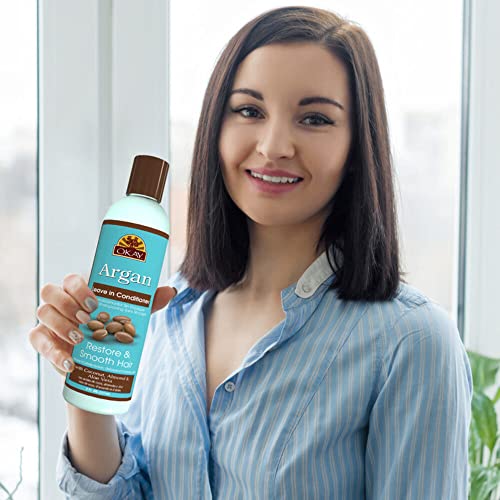 OKAY | Argan Leave In Conditioner | For All Hair Types & Textures | Restore, Hydrate & Smooth Hair | With Coconut, Almond, & Aloe Vera | Free Of Parabens, Silicones, Sulfates | 8 Oz