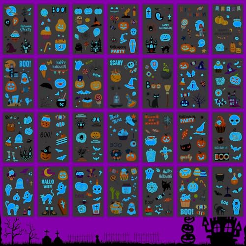 Partywind 56 Sheets Luminous Blue Halloween Tattoos for Kids Party, 520 Styles Halloween Party Supplies Favors Decorations for Boys and Girls Treats, Goodie Bag Stuffers for Trick or Treat Party