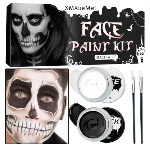 Black White Face & Body Paint Set,Professional Oil Based Face Painting Kit with 2 Brushes,Halloween SFX Makeup Palette Kit for Skull Costume Party Skeleton Cosplay Clown Art Theater