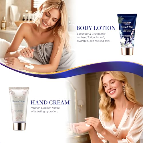 Valentines Day Gifts for Her - Spa Bath Gift Set with Body Lotion, Shower Gel, Hand Cream & Body Scrub - Lavender Chamomile Scent Self Care Gifts for Women Mom Wife Girlfriend - Relaxing Home Spa Kit