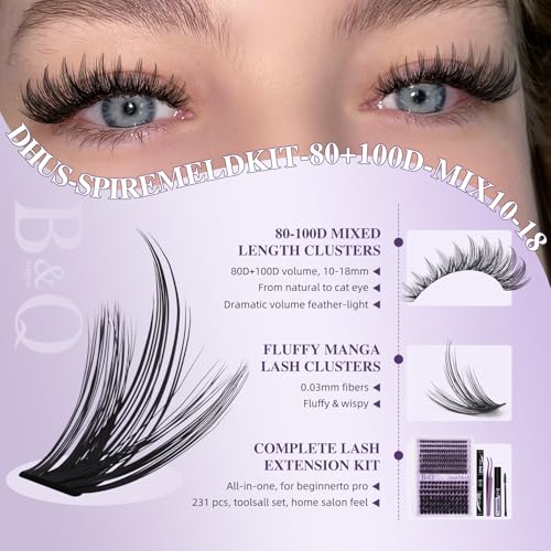 B&Q SpireMeld Fluffy Lash Clusters Kit - 0.03mm Ultra-Fine Manga Lash Clusters, Achieve Voluminous & Soft Look, Includes 10-18mm Mixed Length, Complete DIY Eyelash Extension Kit (80D+100D-10-18MIX)