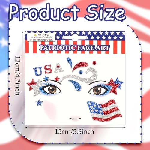 4th of July Face Gems, Fourth of July Celebration Face Jewels, Patriotic Tattoo with USA Flag Stars Designs, Sparkle Glitter Red Blue Silver for Independence Day, Parades, Parties 2 Sheets (style1)