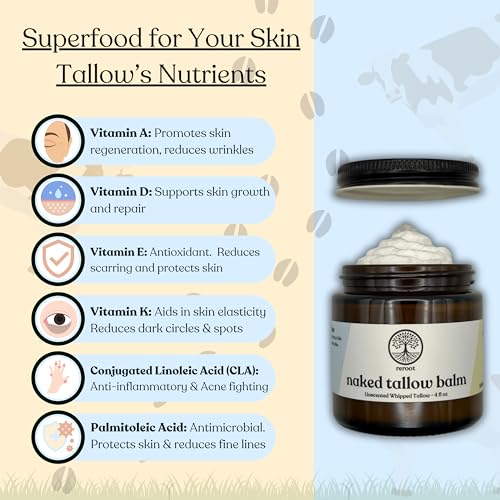 Beef Tallow for Skin | NAKED TALLOW BALM | 1 Ingredient - 100% Grass Fed Beef Tallow | Beef Tallow for Body & Face | Whipped & UNSCENTED for Sensititve Dry Skin, Babies, Eczema, Psoriasis