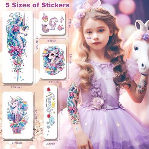Unicorn Temporary Tattoo for Kids 35pcs Realistic Fake Tattoos, Full Half Arm Sleeve Glitter Tattoo Kit, Waterproof Birthday Party Supplies, Makeup Gifts for Girls Kids (24 Sheets)
