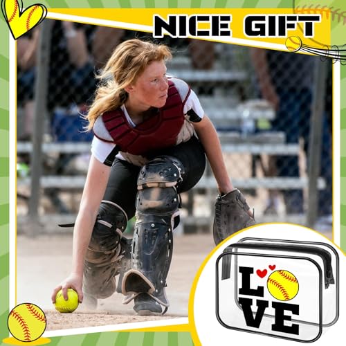 12 Pcs 8 x 6 x 2.4'' Softball Makeup Bag Cosmetic Bag Softball Gifts for Team Clear PVC Bags Softball Goodie Bag Stuffers Accessories for Women Cheer Case Toiletry Zipper Pouch Team Party Favors
