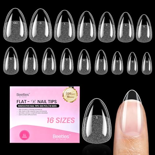 Beetles Flat-X Gel Nail Tips - Short Almond Press-On Nails 16 Sizes 320 pcs | Pre-Etched Half-Matte Full-Cover Soft Gel Tips Fake Nail for Flat & Natural Nail Beds - Easy DIY Salon
