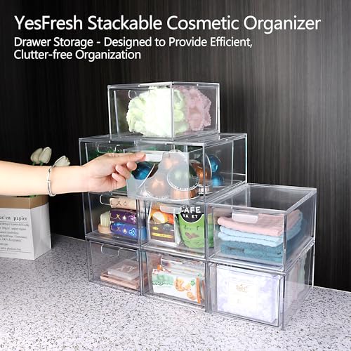 Yes!Fresh Drawer Organizer Stackable Cosmetic Desk Organizer with Removable Interior Partitions for Vanity Organization and Storage,Clear Bathroom Organizer (4)
