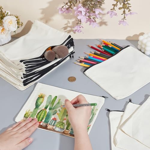 24 Pcs Canvas Blank Cosmetics Bags, 7.1 x 9.1 Inch Multi-purpose Cosmetic Bag with Zipper DIY Craft Canvas Zipper Pouch for Makeup Travel Stationary Storage, Beige