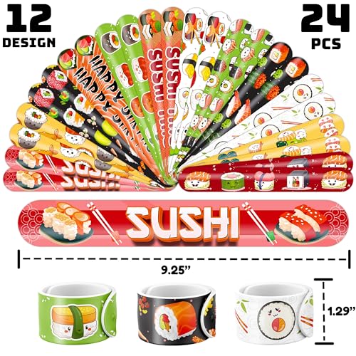 48PCS Sushi Party Set - 24PCS Temporary Pre - cut Tattoos & 24PCS Slap Bracelets - Fun Food-Themed Birthday Supplies, Baby Shower Gifts, Classroom Rewards & Party Decor for Kids (Boys & Girls)