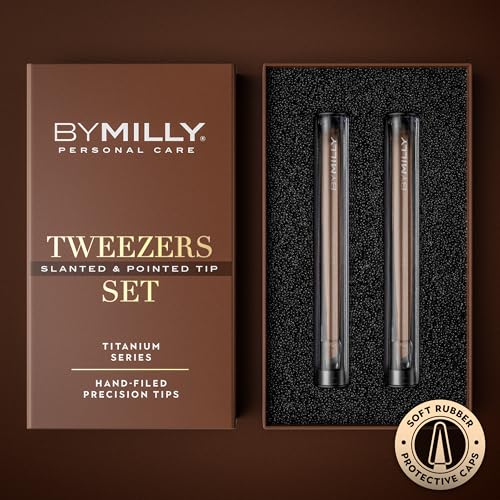 Precision Tweezers Set | Titanium Series | Slanted and Pointed Tip Tweezers Kit | Aligned & Hand-Filed Tweezer Set Professional | Hair Removal & Eyebrow Tweezers | Rose Gold