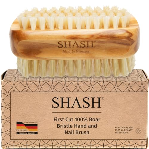 SHASH Made in Germany - 100% First Cut Boar Bristle Nail Brush - Gently Removes Dirt, Grime for Clean Hands - Exfoliates Skin for Soft, Smooth Texture, Wood (Olive)