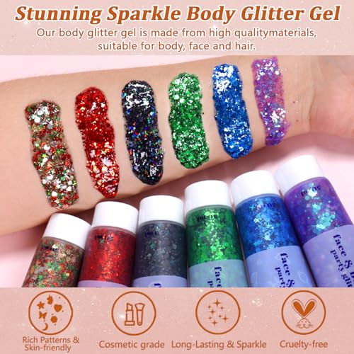 Boko 50ML Body Glitter Gel, Pink Chunky Glitter Gel for Face Hair Body Love Heart Makeup, Mermaid Face Glitter Sequins for Festival Music Concert Party Rave Accessories