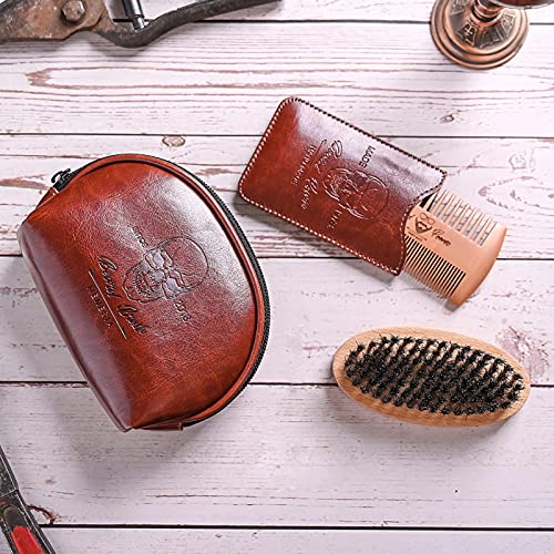 Beard Brush and Comb Set, Boar Bristle Hair Beard Brush Kit with Small Leather Travel Toiletry Bag Case for Men, Include Men's Wooden Mustache Comb