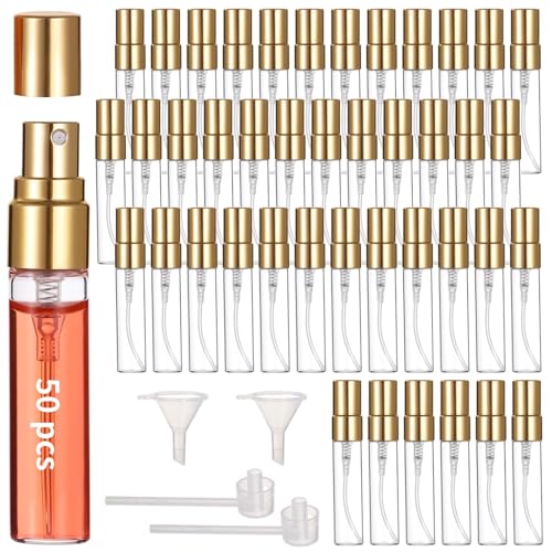 Lnrueg 50 Pcs 5 ml Perfume Bottles - Small Refillable Glass Perfume Bottles, Portable Travel Sample Containers with Caps, Fine Mist Atomizers with 2 Funnels and 2 Dispensers, Gold