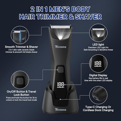 Pubic & Body Hair Trimmer for Men, 2 In 1 Electric Ball Groin Razor Shaver with Ceramic Blade, No Nick Mens Grooming Kit for Wet/Dry Use, Cordless Charging Body Groomer with Led Display, Black