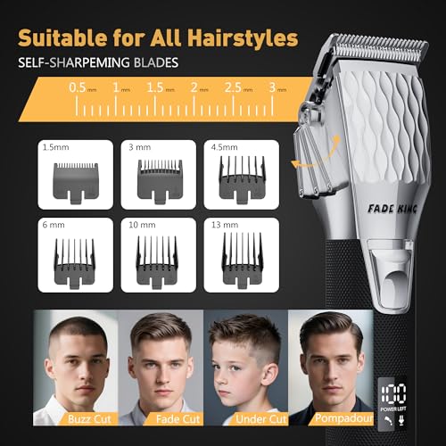 FADEKING¢ç Professional Hair Clippers for Men, Cordless Hair Clippers and Beard Trimmer for Men, Professional Barber Clippers for Hair Cutting and Beard Shaping & Grooming (Silver Black)