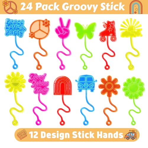 48PCS Groovy Party Favors - 24PCS Groovy Temporary Tattoos & 24PCS Groovy Stick Hands - Perfect Birthday Favors, Goodie Bag Stuffers, Treasure Box Toys, Classroom Prizes, and Student Gifts