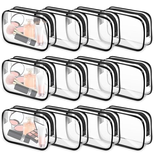 12 PCS Clear Makeup Bags, Clear Toiletry Bags with Zipper, Portable Transparent Toiletry Bags for Travel (Black, Medium)
