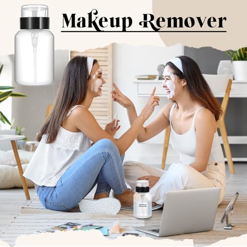 Layhit 12 Pack 6.8 oz (200ml) Push Down Lockable Pump Dispenser Bottle with Stickers, Alcohol Push Down Empty Refillable Container for Nail Polish Remover, Alcohol & Makeup Remover (Black Top Cap)