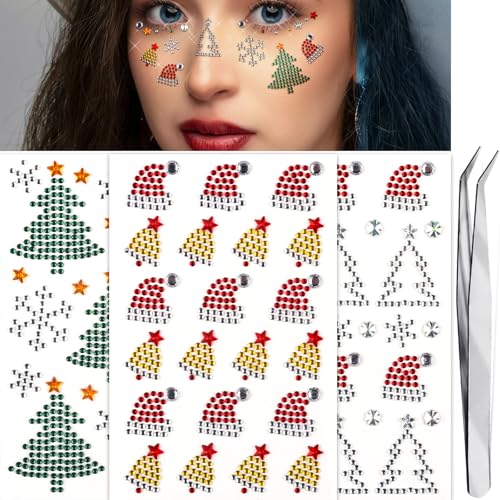 3Pack Christmas Face Rhinestone Sticker Self Adhesive Gems Stick on Christmas Tree Santa Face Jewels Tattoo Stickers Crystal for Body Nails Crafts Makeup Winter Holiday Xmas Decoration