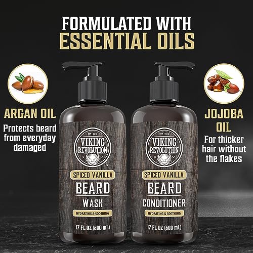Viking Revolution Spiced Vanilla Beard Balm for Men (2oz) and Beard Wash, Conditioner for Men (17oz each) - Beard Softener, Moisturizer With Argan, Jojoba Oil