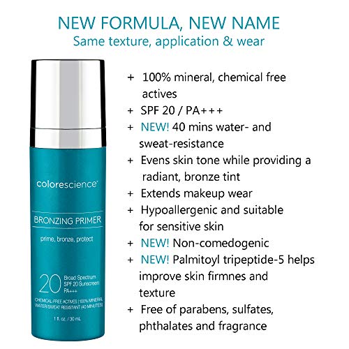 Colorescience Bronzing Primer SPF 20, Water Resistant Mineral Sunscreen, Broad Spectrum SPF 20 UVA/UVB Skin Protection, 1 Fl Oz (Pack of 1)