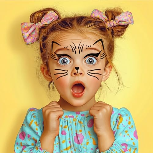 2 Pack Halloween Cat Temporary Tattoos - Glitter Halloween Face & Body Stickers for Women, Realistic Animal Skin Decals for Cosplay, Makeup & Festive Looks (4-black cat)