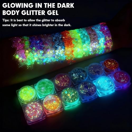 12 Colors Glow in The Dark Glitter Gel,Makeup Chunky Fine Glitter for Women, UV Black Light Body/Face/Hair/Eyeshadow for Halloween Makeup Raves Festivals