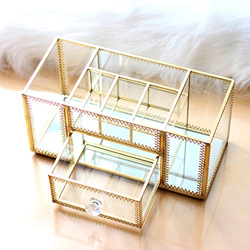 YUEHUA Makeup Brush Holder Organizer,Clear Glass Nail Polish Lipsticks Cosmetic Organizer for Vanity Bathroom Bedroom Office