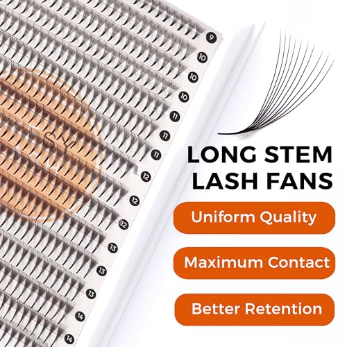 Eyesy Lash 448 Narrow Promade Fans - 10D 0.07mm Thickness D Curl 9-15mm Mixed Lengths - Mega Volume Eyelash Extension Long Stem Narrow Premade Lash Fans Fluffy Pre Made Eyelash Extension Trays