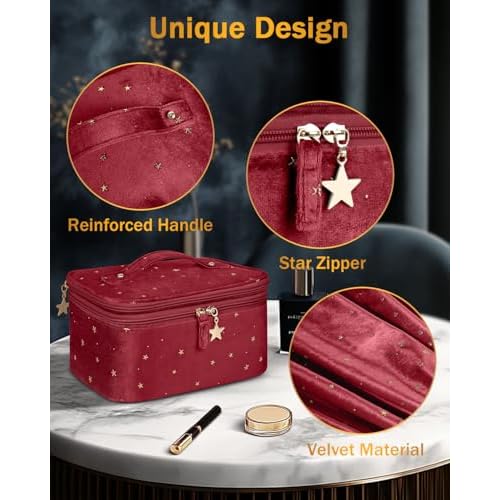 Wedama Makeup Bag, Double-layer Cosmetic Bag with Jewelry Storage and Brush Holders 3 Pcs Velvet Makeup Bag Set Travel Makeup Organizer Bags Portable Cosmetic Case Toiletry Bag for Women Girls, Red