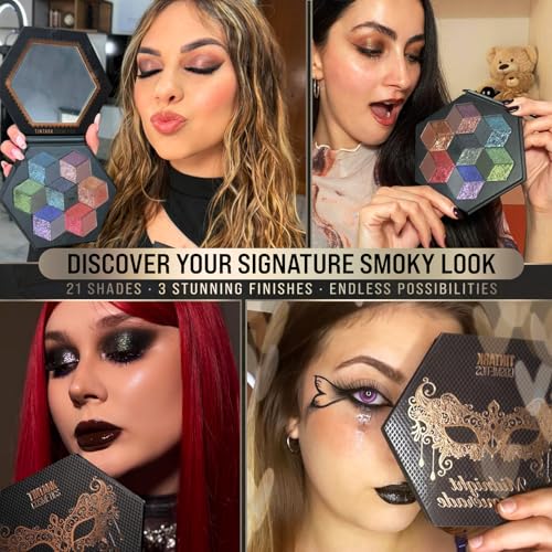 Black Smokey Eyeshadow Palette, Midnight Masquerade 21 Colors ? Spectrum of Black Matte Shimmer Glitter Eye Shadow for Halloween Goth Makeup, Highly Pigmented, Talc Free
