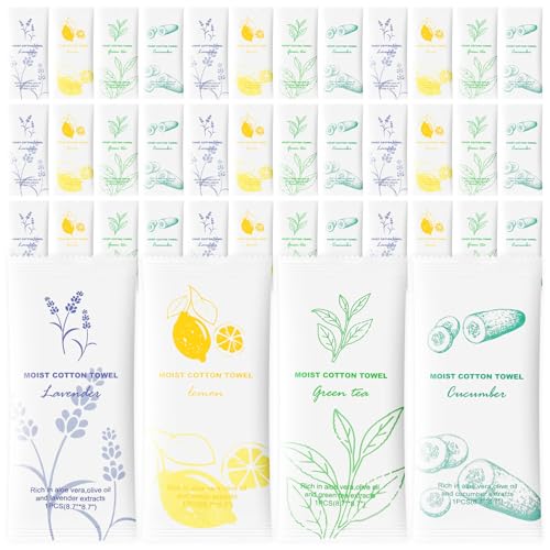 Moist Cotton Towel Bulk Moist Towelettes Individually Wrapped,White Towel Services,Refreshment Pre Moistened Towels for Dentist Travel Sport Party Hotel 240£¬Lavender,Green tea, Lemon and Cucumber