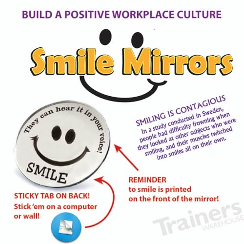 Trainers Warehouse Mini Round Smile Mirrors (10/Set) | A Reminder to Communicate Positive Energy Through Voice - Handy Mini-Mirror | 2.25 Inch Diameter Adhesive Backing